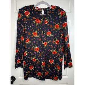 VTG Prato‎ Blouse Womens 12 Navy Floral Disco Long Sleeve Button Detail Padded